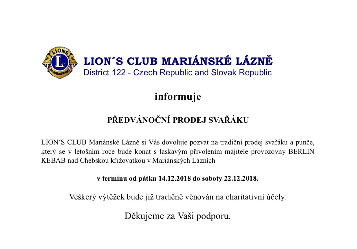 PŘEDVÁNOČNÍ PRODEJ SVAŘÁKU: LION ́S CLUB MARIÁNSKÉ LÁZNĚ